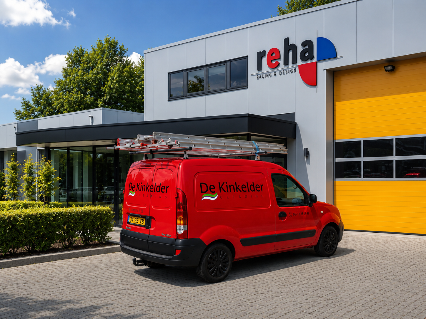 Hoge gevel met ladder tijdens professionele buitenreiniging